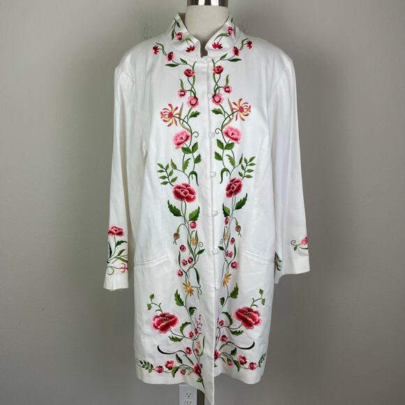 Victor Costa White Floral Embroidered Long Line Coat 1X - Picture 2 of 8